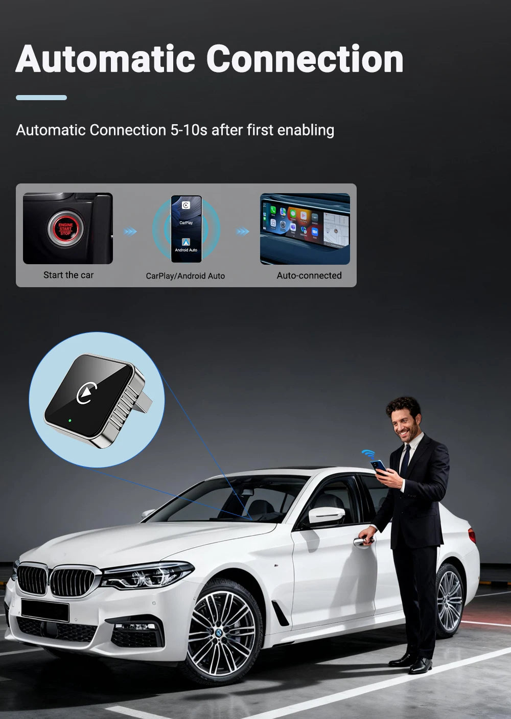 Wireless CarPlay Android  New Smart Auto Adapter Hassle-Free Plug&Play Stable BT WiFi Connect OTA Upgradable Fit 99% Vehicle