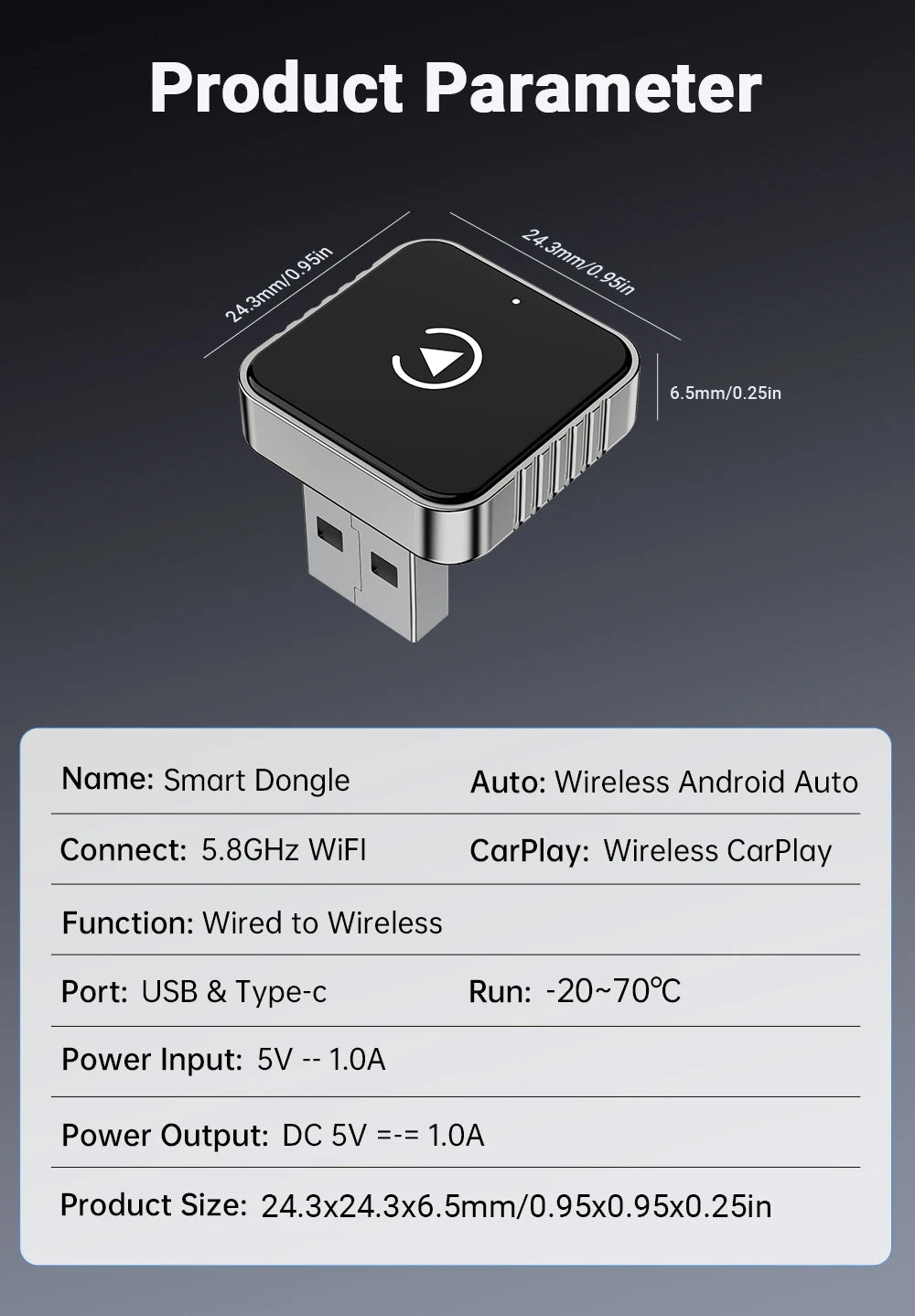 Wireless CarPlay Android  New Smart Auto Adapter Hassle-Free Plug&Play Stable BT WiFi Connect OTA Upgradable Fit 99% Vehicle