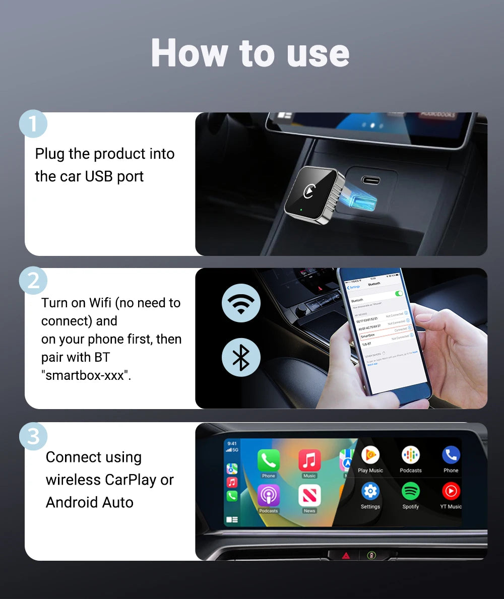 Wireless CarPlay Android  New Smart Auto Adapter Hassle-Free Plug&Play Stable BT WiFi Connect OTA Upgradable Fit 99% Vehicle
